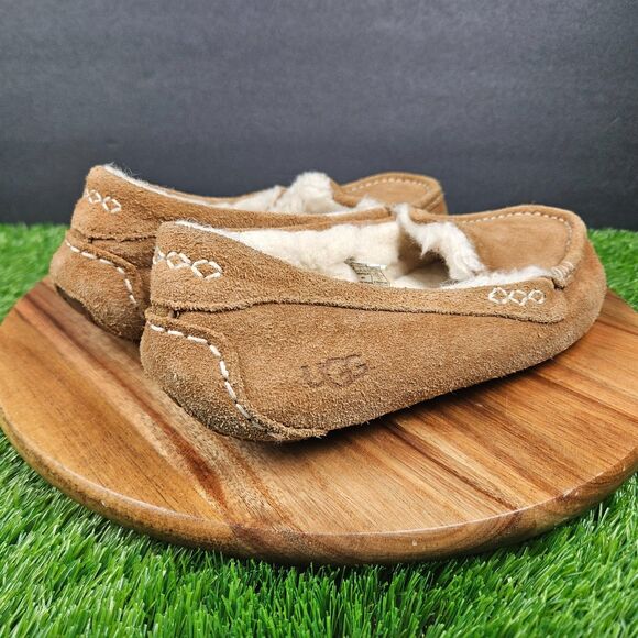 UGG Shoes Womens Size 8 Brown Ansley Suede Shearling Moccasin Slippers Slip On - Picture 2 of 11